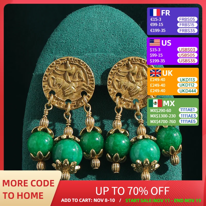 

Vintage Green Earrings Dangle Knight Ancient Coin Gold Color Natural Stone Tassels For Woman Accessories Luxury Quality Jewelry