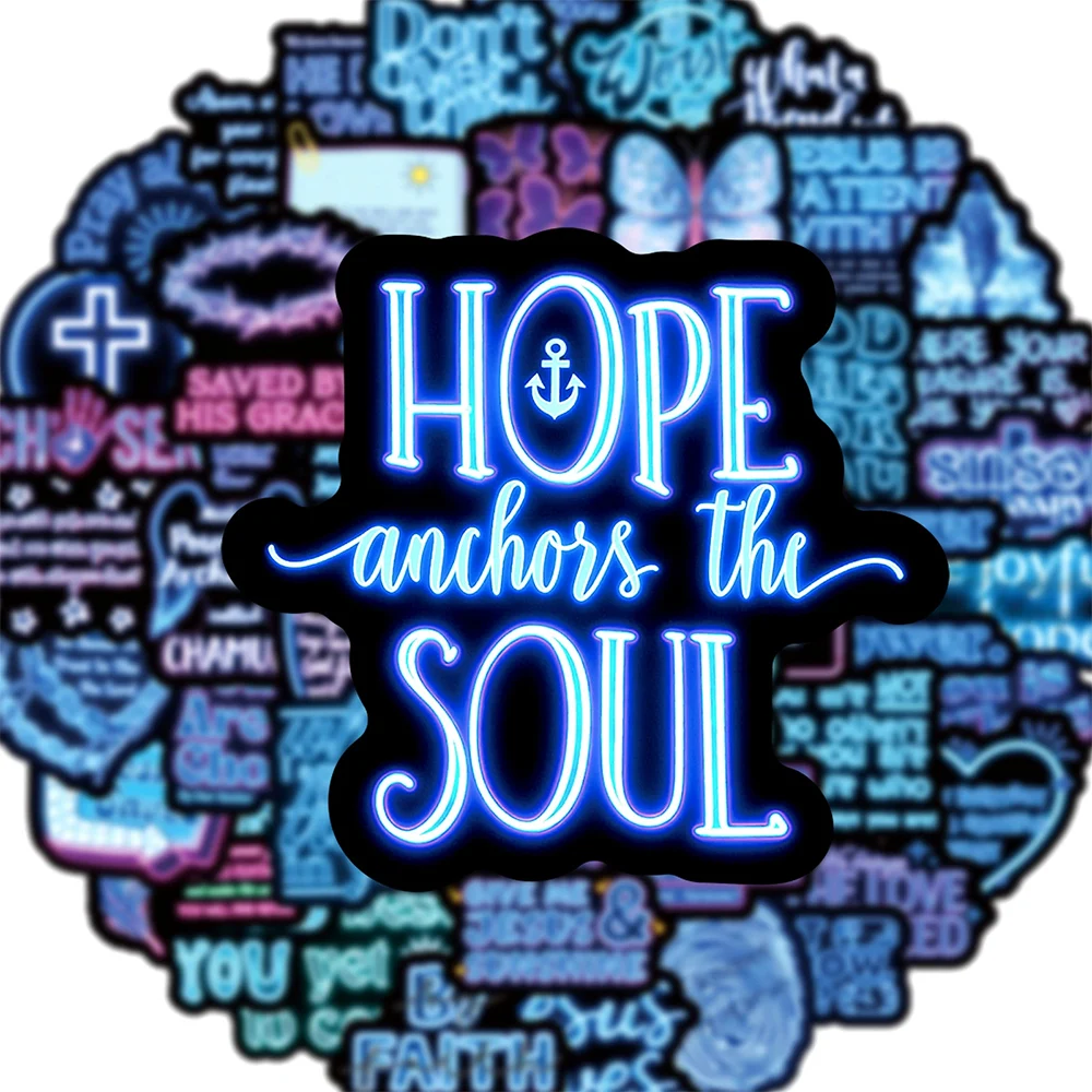 

10/30/50pcs Bible Jesus Phrase Blue Neon Graffiti Stickers Waterproof Graffiti DIY Water Bottle Luggage Phone Decals Decoration