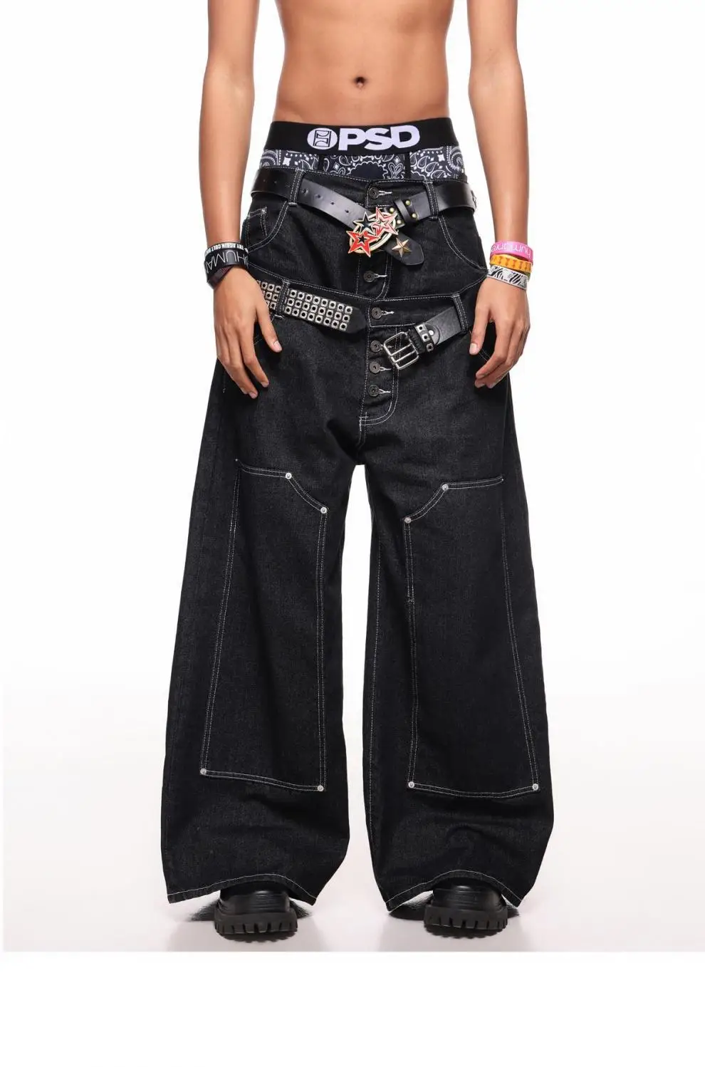 American street double-waisted wide-leg washed jeans men high street style cool stylish embroidered straight-leg calf pants Y2K