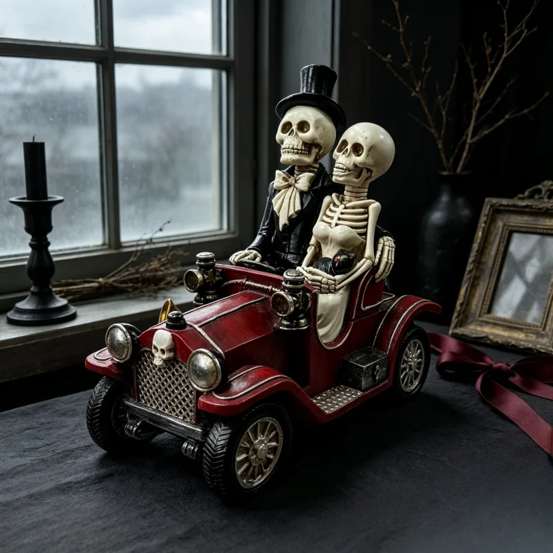 Skeleton Couple Vintage Red Car Resin Figurine, Gothic Skeleton Lover With Black Cat Statue, Halloween Spooky Tabletop Home Deco