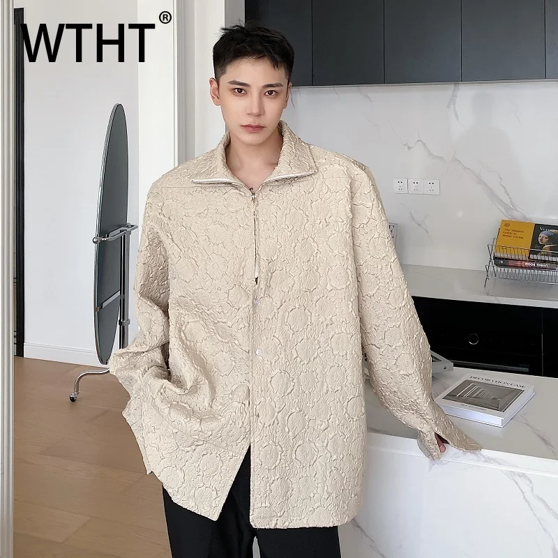 

WTHT модные новые осенние мужские однотонные текстурированные свободные пальто 2024, модные повседневные куртки с длинными рукавами и лацканами на молнии, мужские 2A1613