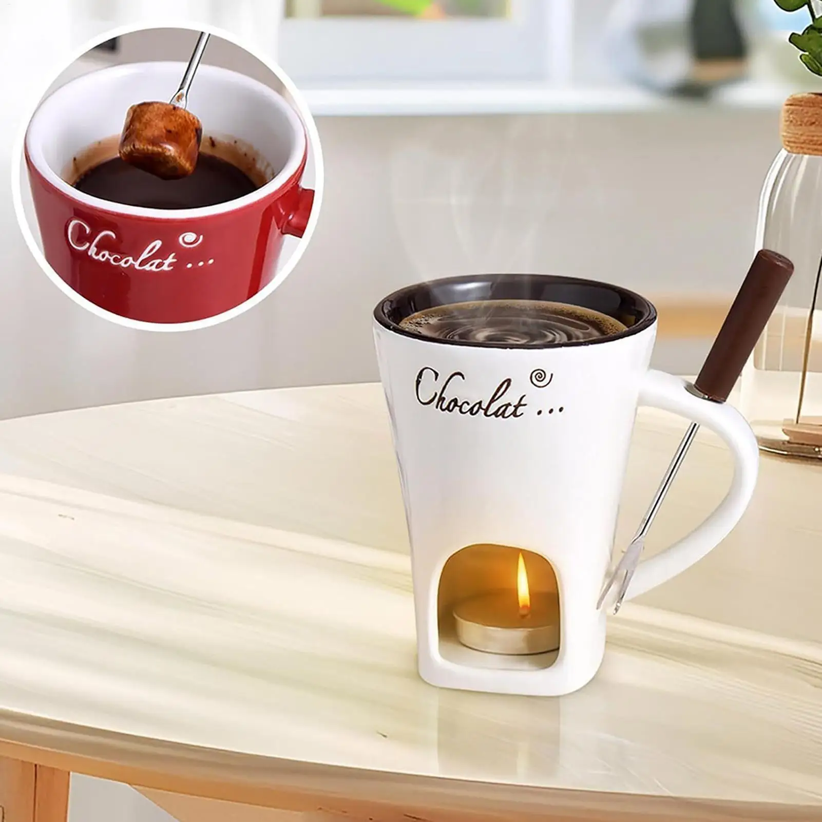 Taza de Chocolate para Fondue, Caramelo, Queso, Malvaviscos, Taza Calentadora para Fiestas, Taza de Café Creativa con Tenedor para Citas Románticas