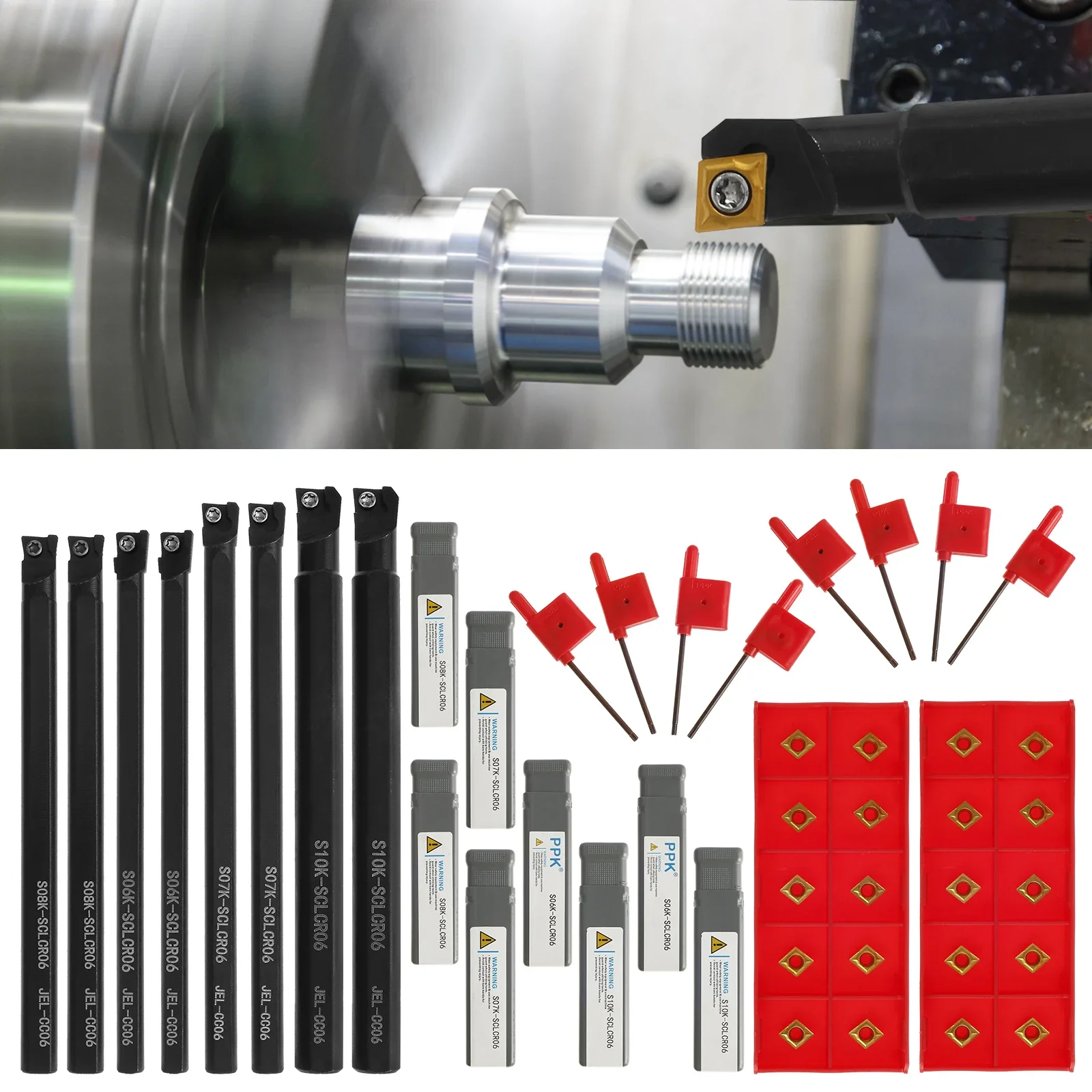 

Набор токарных оправок для расточного станка S06K/S07K/S08K/S10K-SCLCR06 с твердосплавными пластинами и ключами