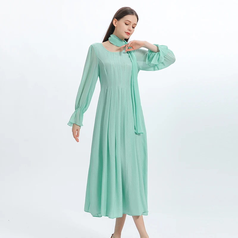 

Simple O-Neck Georgette Scarf Beach Glass Silk Woman Long Dress Spring Elegant Flare Long Sleeves Dresses Autumn New AE1221