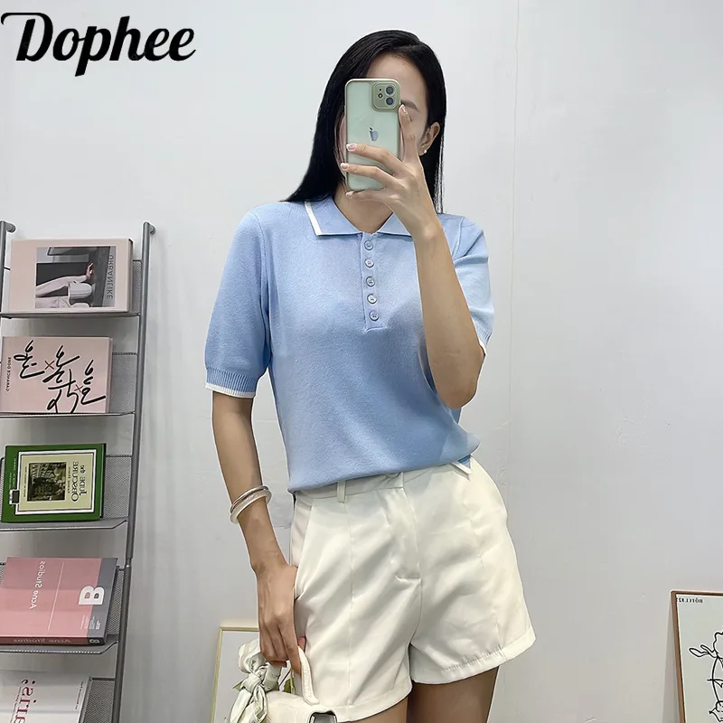 

High Quality Spring Summer Women Short Sleeve T-shirt Elegant Turn-down Collar Thin Sweaters All-match Ice Knitted Basic Top