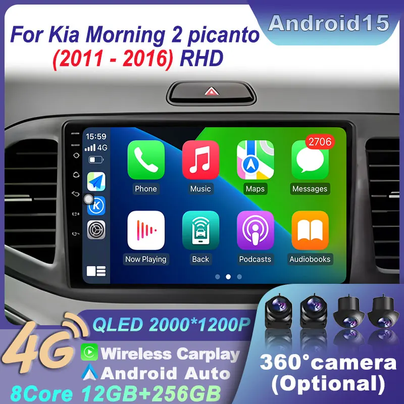 

Android 15 Car Radio Auto Head Unit Autoradio For KIA Morning 2 picanto 2011-2016 RHD GPS Wireless QLED BT Navigation Carplay 4G