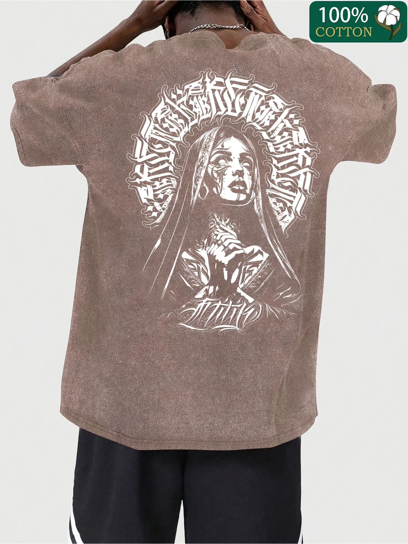 

Retro street pattern back print, retro washed cotton men's T-shirt, short sleeved top streetwear