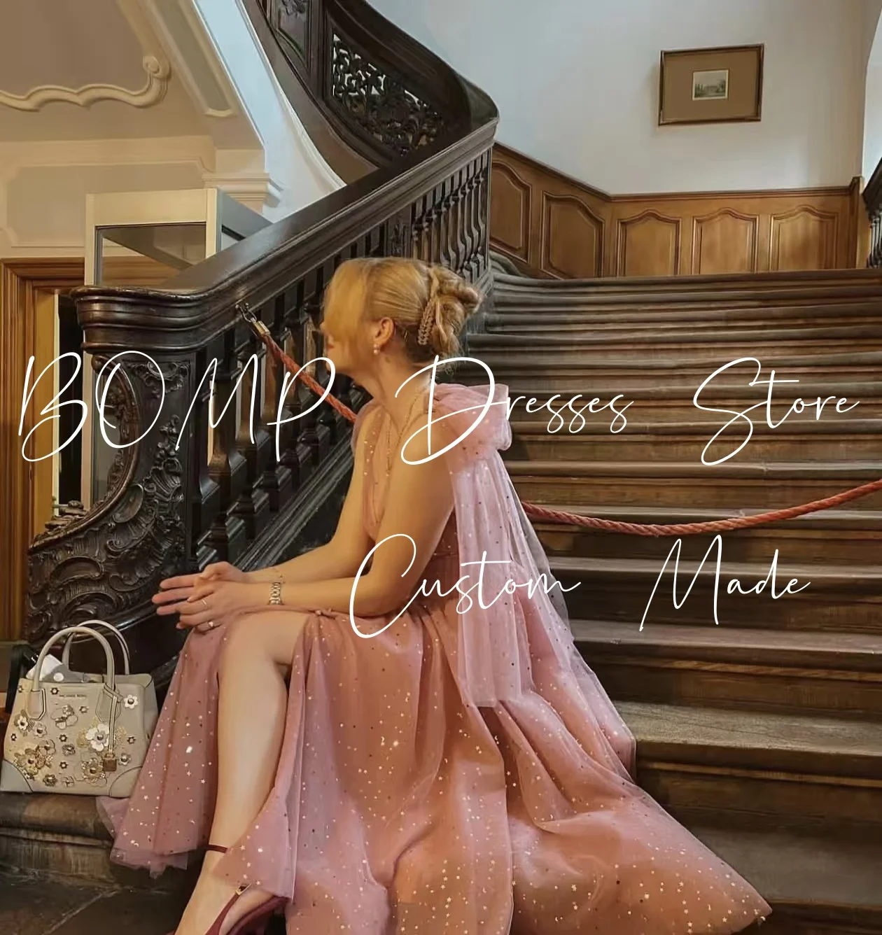 BOMP เลื่อมหรูหราชุดแต่งงานหวานใจโบว์สปาเก็ตตี้เดรปยาวพื้นสีชมพูชุดราตรีวันเกิดที่กำหนดเอง