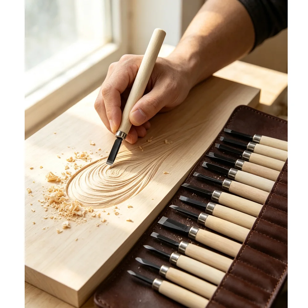 12Pcs Wood Carving Chisels Set Hand Gouges Knife Kit for Basic Cutting & Detailed DIY Woodworking Crafts
