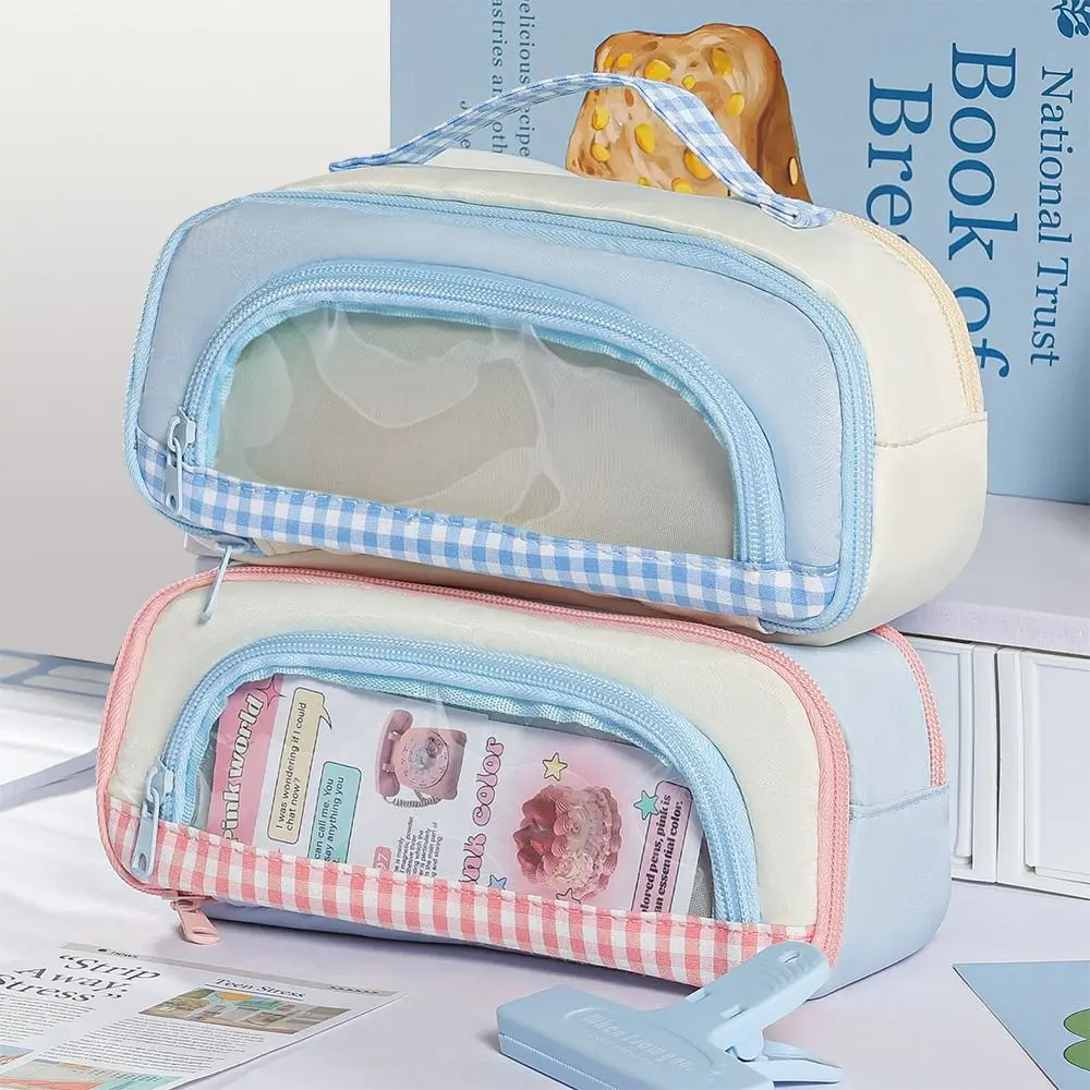 New Handheld Pencil Case Color-blocking Large Capacity Stationery Pouch Multi-functional Pen Bag Gift