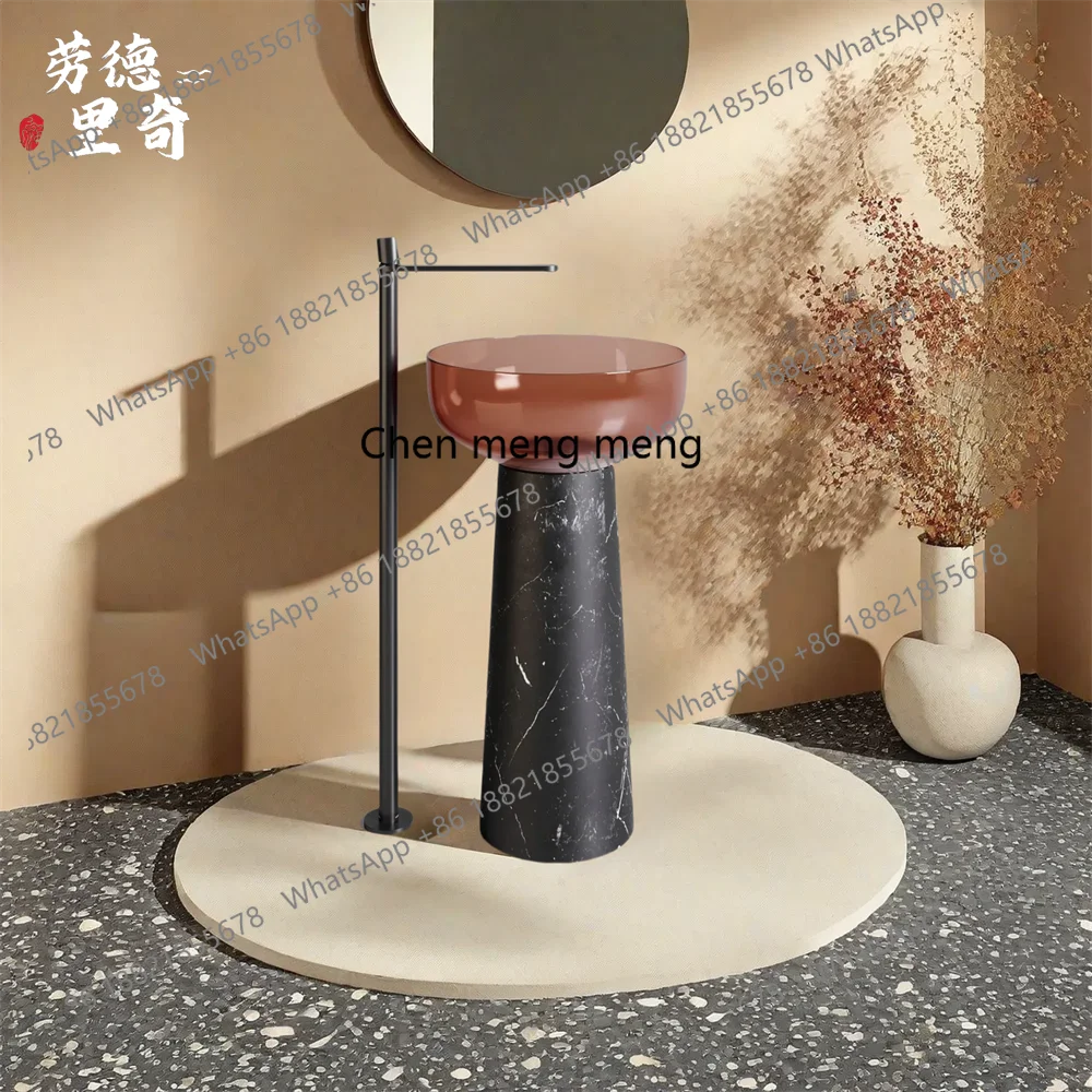 

Medieval retro style black and white root marble tea brown transparent resin floor-to-ceiling face washing column basin