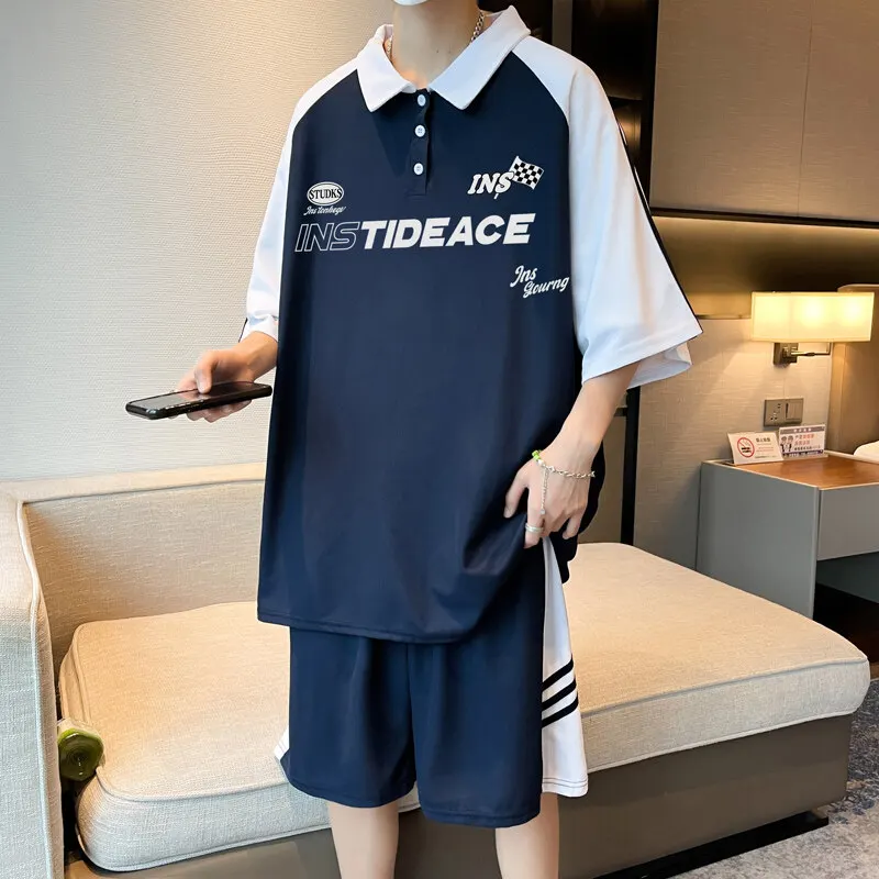 

Мужская летняя рубашка-поло + шорты, комплект из двух предметов, корейский летний новый костюм с короткими рукавами, 2024, мужской повседневный костюм с цветными блоками