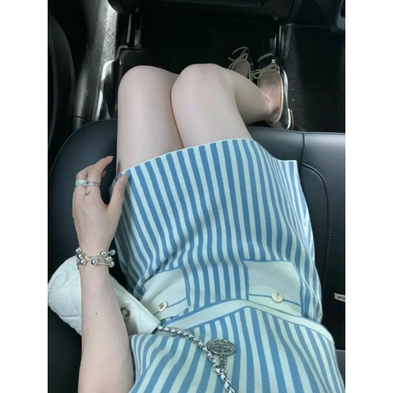 Women's Chic Tweed Style Polo Collar Striped Knit Vest Set Summer Color Block Slim Fit Mini Skirt Two Piece Outfit
