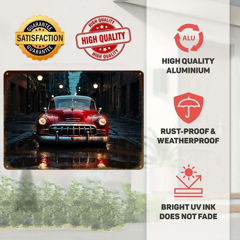 Classic Red Car in Alley Metal Poster Customized Wall Art Retro Vintage Tinplate Signs for Interior Decoration Living Room Decor