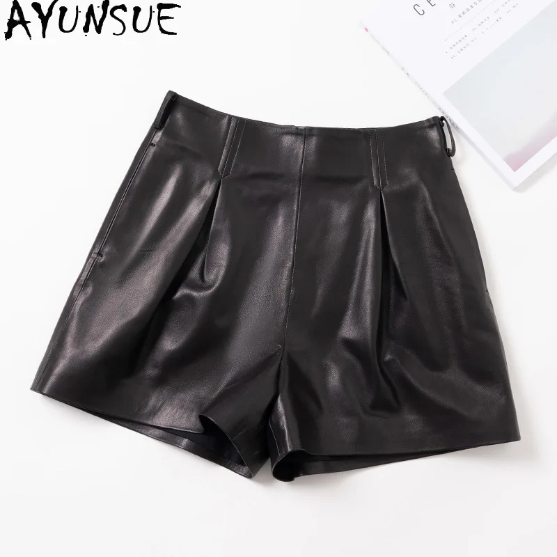 

AYUNSUE Genuine Leather Pants Shorts for Woman High Waist Wide Leg Short Pants Sheepskin Shorts Womens Clothing Loose Outwear