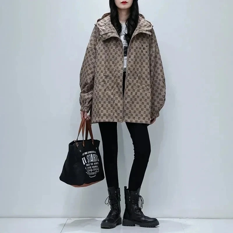 

2026 Свободный повседневный плащ, длинная женская ветровка, женская верхняя одежда с капюшоном и принтом, топы