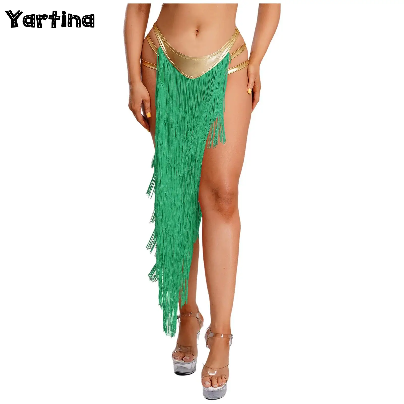 

Womens Tiered Tassel Indian Belly Dance Performance Costume Fringe Skirt Metallic Waist Irregular Hem Slit Skirt Built-in Briefs