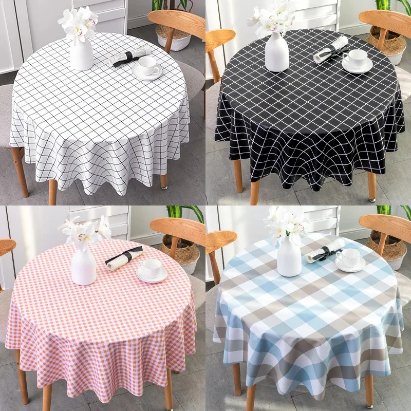 VIKAMA Grey White Grid Round Tablecloth Minimalist Plaid Print Waterproof Oilproof Washable Household Dining Table Cover