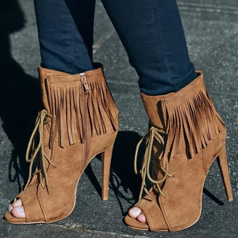 

Suede Tassel Corss Tied Peep Toe Ankle Boots Sexy Square Toe Thin Heel New Arrivals Fashion Women Modern Boots