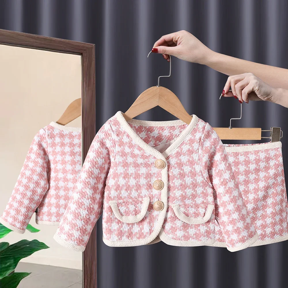 Girls Classic Plaid Clothing Set Cardigan Jackets+Plaid Skirts Baby Girl Kids Elegant Children Spring Autumn Clothes Outfits