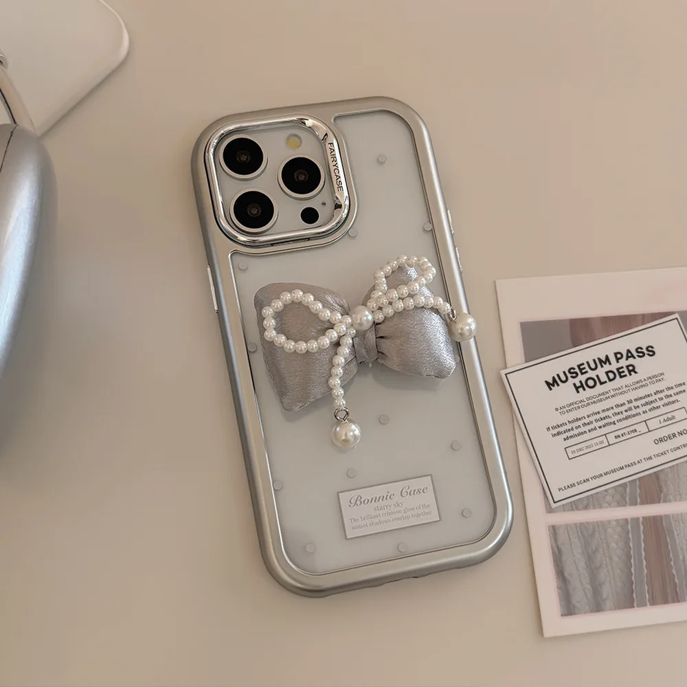 Luxuriöse 3D-Schleife, Perle, transparent, Acryl, silberner Rand, Handyhülle für iPhone 13, 14, 15, 16, Pro Max, stoßfeste Schutzhülle