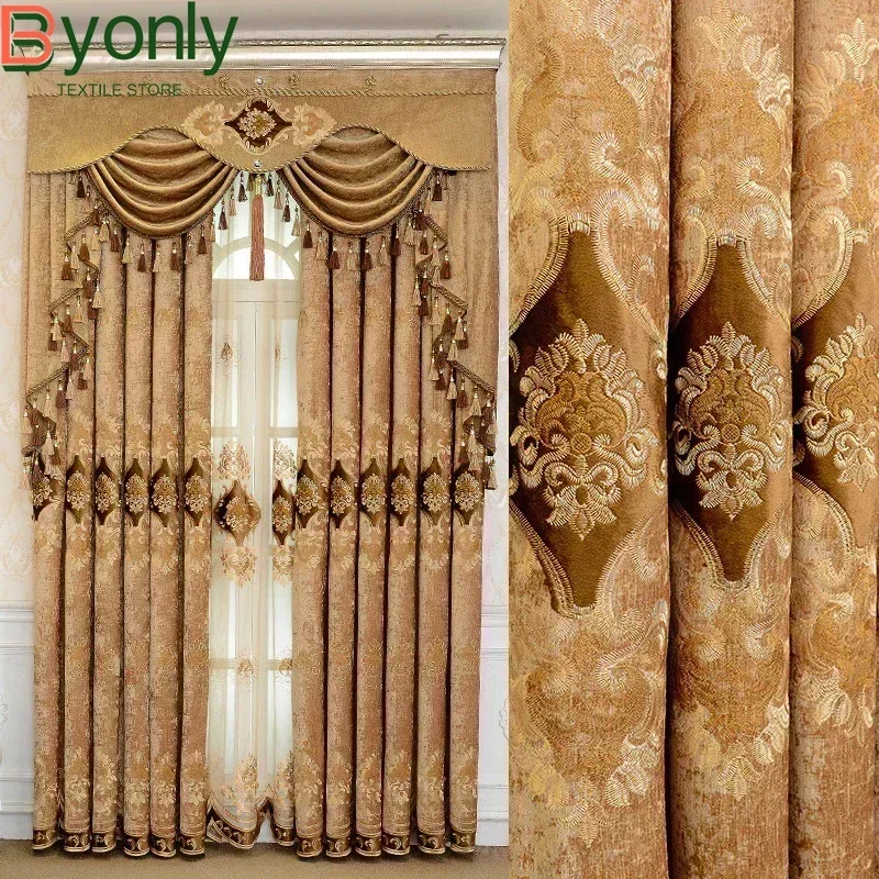 Embroidered Blackout Curtains for Living Room Curtains for Bedroom Windows European Chenille Valance Tulle  European Brown