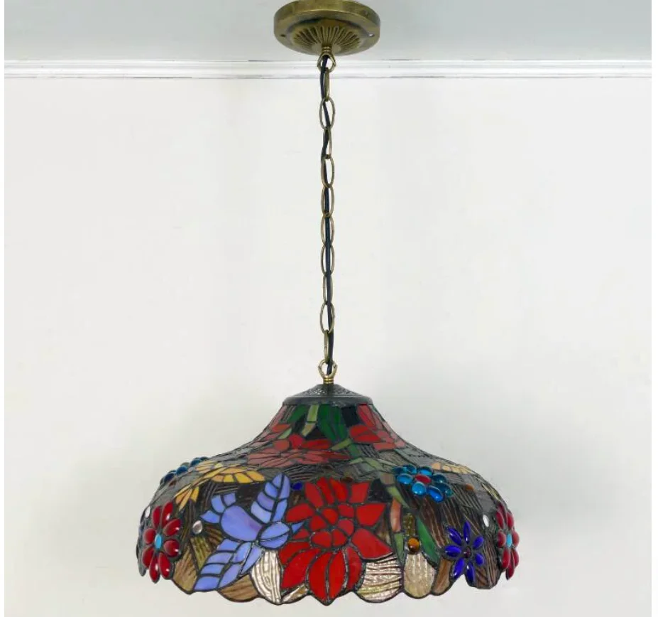 Baroque Style Restaurant Tiffany Country Semi-Flush Light Classic D40cm Pendant Lighting Living Room Stained Glass Pendant Lamp