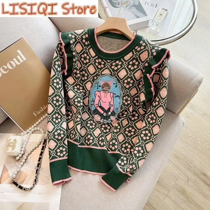 New Cat Cartoon Embroidery Plaid O-Neck Long Sleeve Acrylic Knitted Women Sweater Korean Fashion Pullover Sweaters Autumn Winter