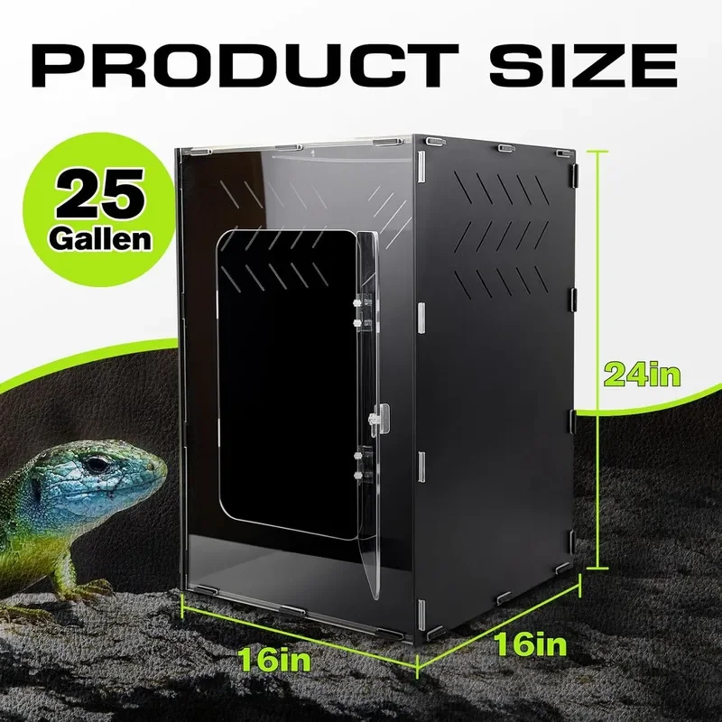 Reptile Tank Enclosure Reptile Terrarium Acrylic Front Opening with Metal Translucent Mesh Top for Crested Gecko Lizards