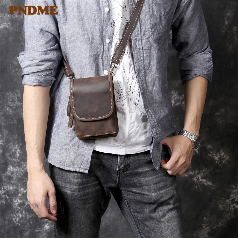 

PNDME High Quality Simple Crazy Horse Cowhide Men's Messenger Bag Casual Vintage Genuine Leather Small Shoulder Bag Belt Bag