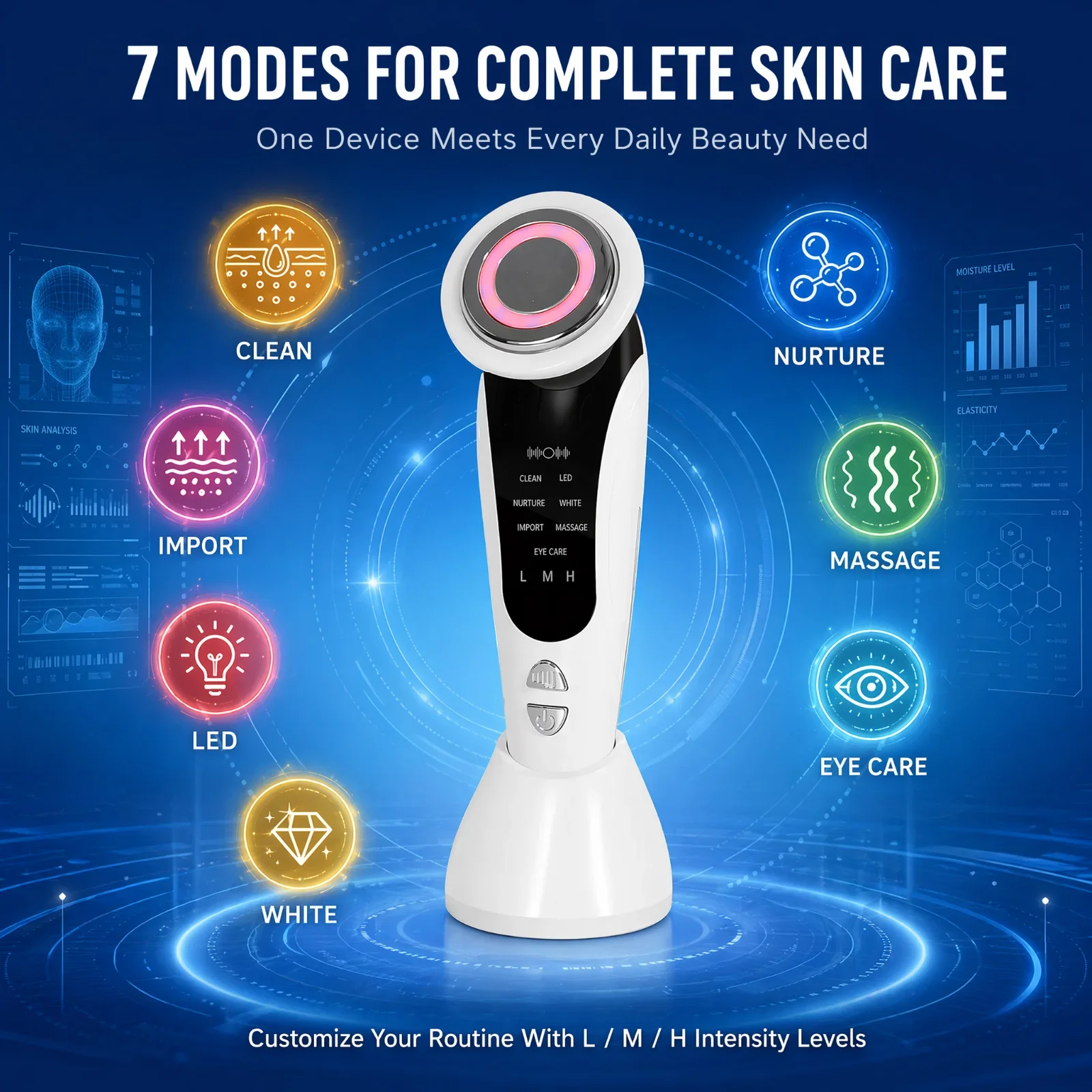 7 in 1 Facial Beauty Device LED Light Therapy Skin Care Serum Infusion Facial Massager Eye Care Cleanser USB Rechargeable Tool