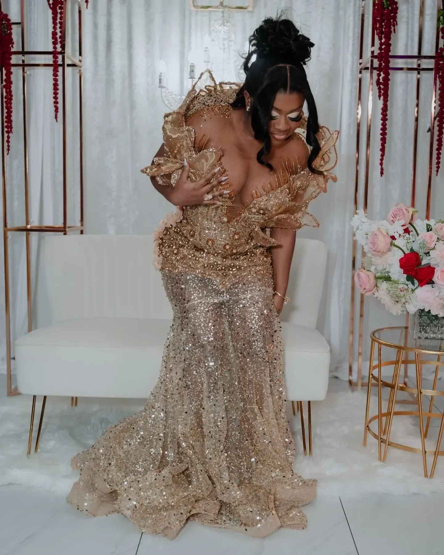 Sequined Rhinestones Pearls Evening Formal Party Second Reception Birthday Gowns Dre Aso Ebi Gold Illusion Mermaid Prom Dresses