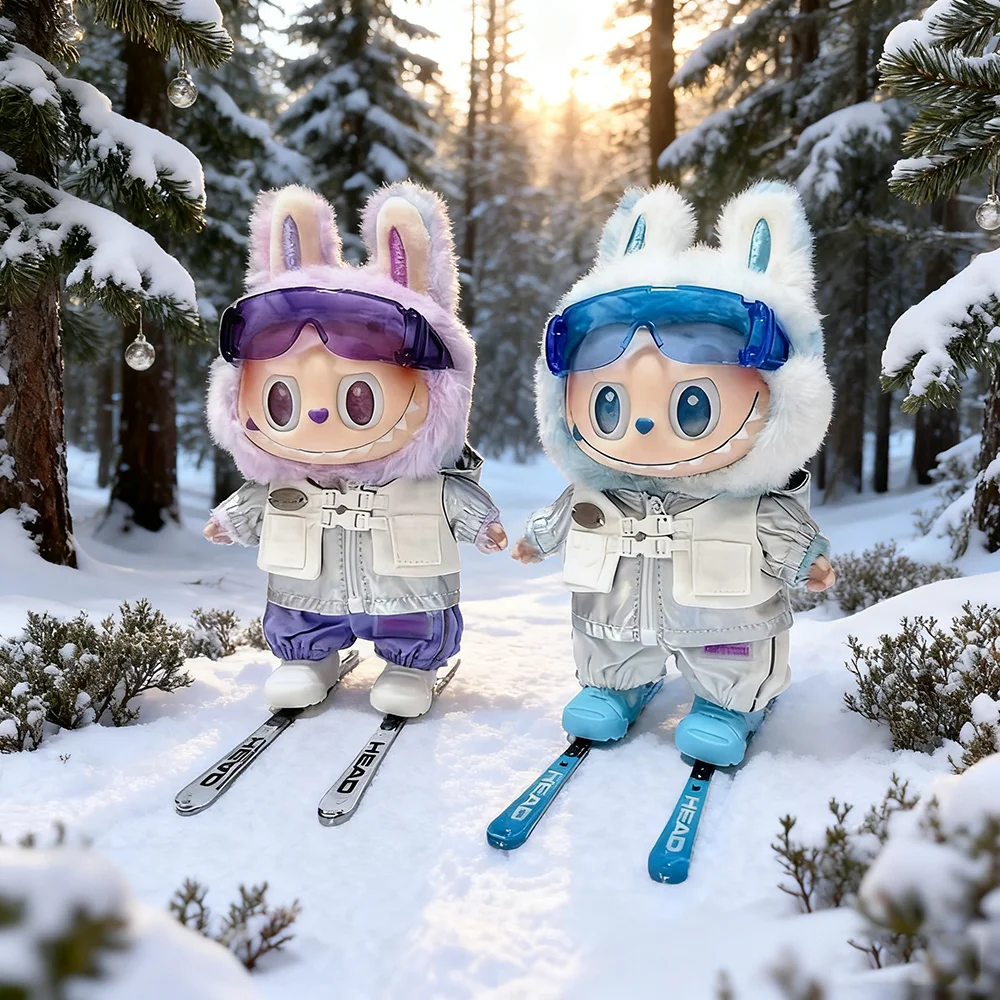 [No Doll] Skiwear Clothes For 15-17cm Labubu Fashionable Zipper Hoodie Ski Suit With Skis And Goggles Ski 4pcs Outfit