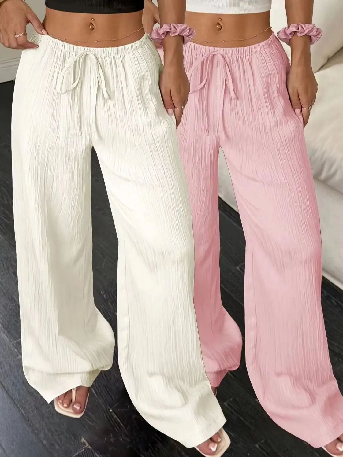 2-Pack Women Textured Wrinkle Elastic Waist Wide Leg Pants, Summer Drapey Slimming Versatile Straight Casual Trousers