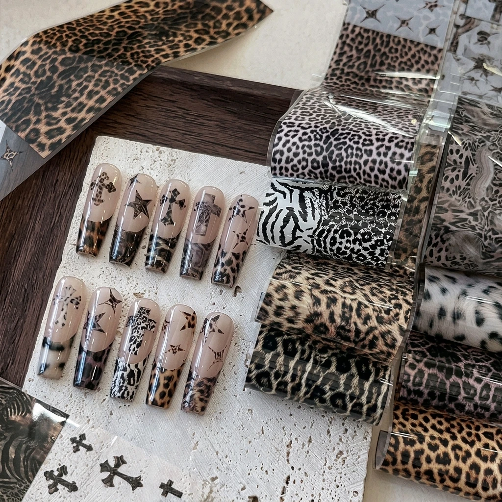 Leopard-Print Nail Art Transferfolien-Set, Y2K Gothic Kreuz-Stern-Design, Winter-Tiermuster-Aufkleber, professionelle Salon-DIY-Maniküre – Detail 3