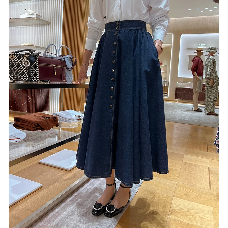 

Classic Retro Button up A-Line Skirt with Front Slit for Women Summer New Arrival Cotton 00% Denim f-length Skirt