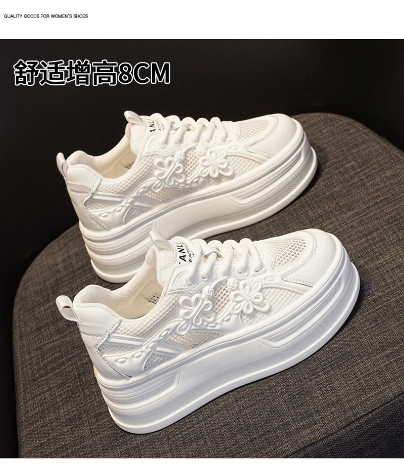 Womens White Mesh Platform Sneakers Breathable Thick Sole Casual Shoes With Flower Embroidery Lightweight Non Slip For Summer Da