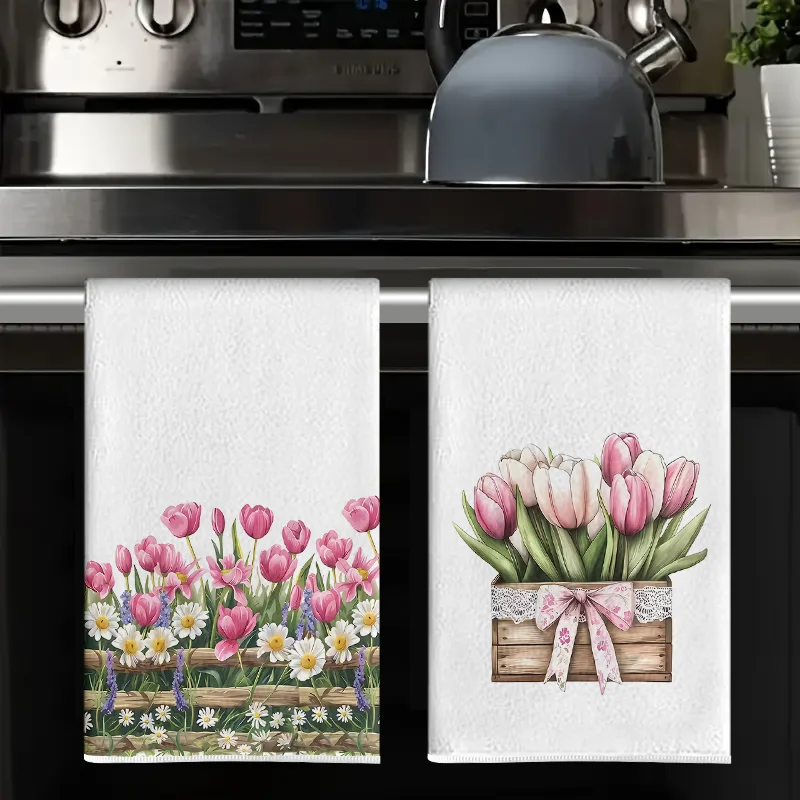 2Pcs, Wooden Box Floral Bouquet Kitchen Towels, 40Cm*60Cm Towel Set, Super Absorbent Soft Cleaning Cloth, Cooking and Baking Tea Towel, Hand Towel, Cleaning Cloth, Dishwashing Cloth, Kitchen Decoration, Living Room Decoration, Kitchen Essentials, Home Essentials