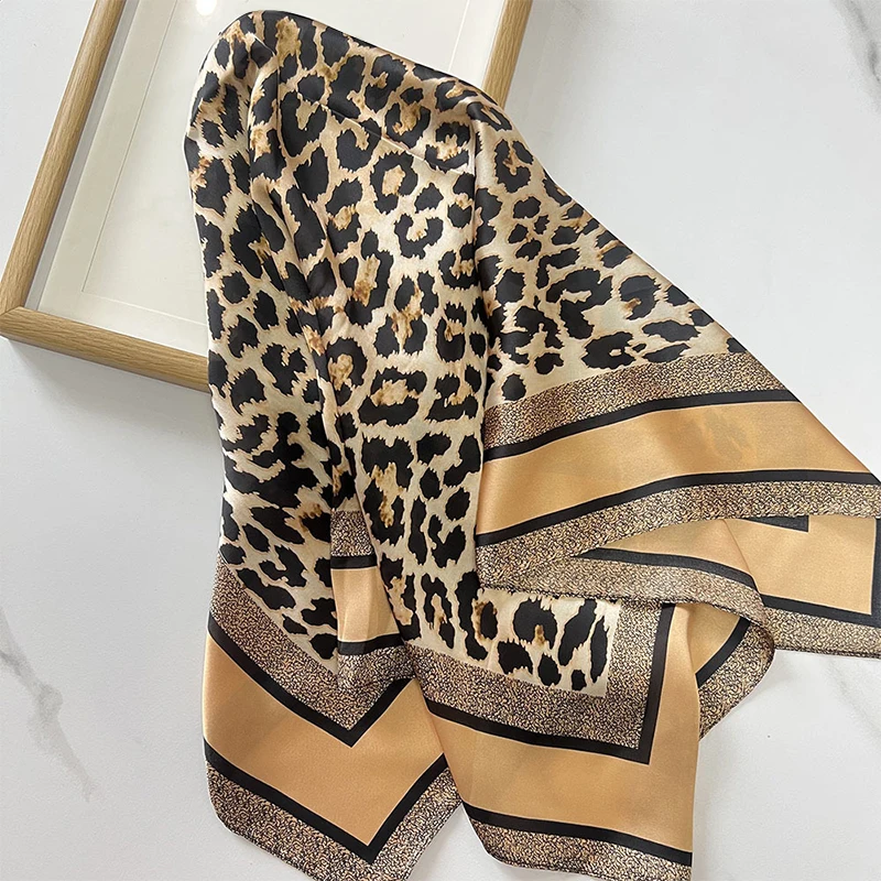 1pcs 70cm Leopard Print Silk Scarf for Women Imitation Silk Light Luxury Versatile Headwear Bag Decoration Clothing Square Scarf image 3