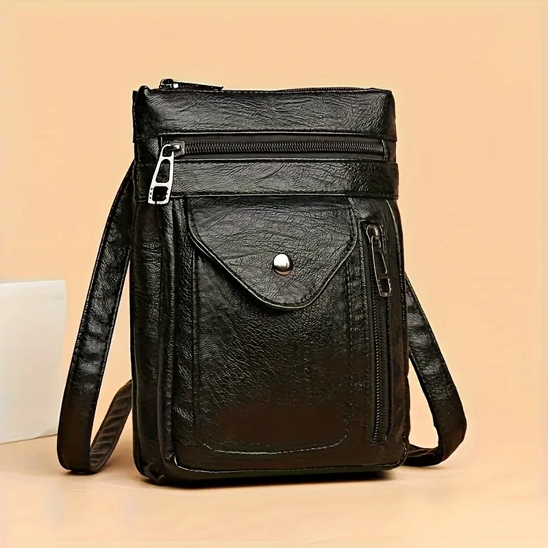 Vintage Brown Faux Leather Crossbody Bag Multi Zip Shoulder Purse with Adjustable Strap Casual Durable Phone Pouch for Daily Use