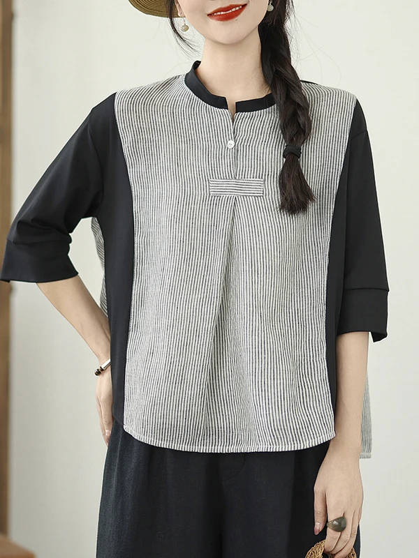 Ele Loose Cotton Linen irt Women's Faionable Vertical Stripes Patchwork Summer Age-Defng Color Blo Charming Top