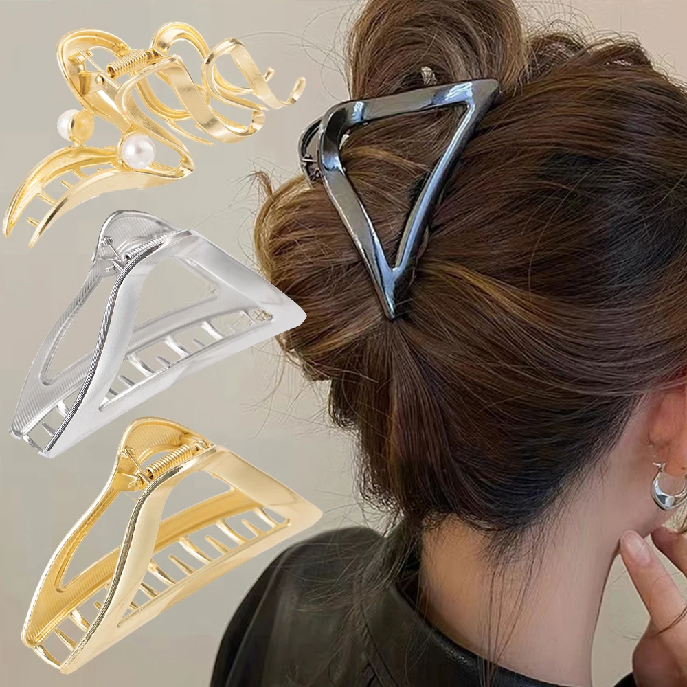 Simple Alloy Hair Claw Hairpin Metal Triangle/Wavy Shark Crab Clips Back of Barrettes Hair Bun Pearl Headband Hair Accessories