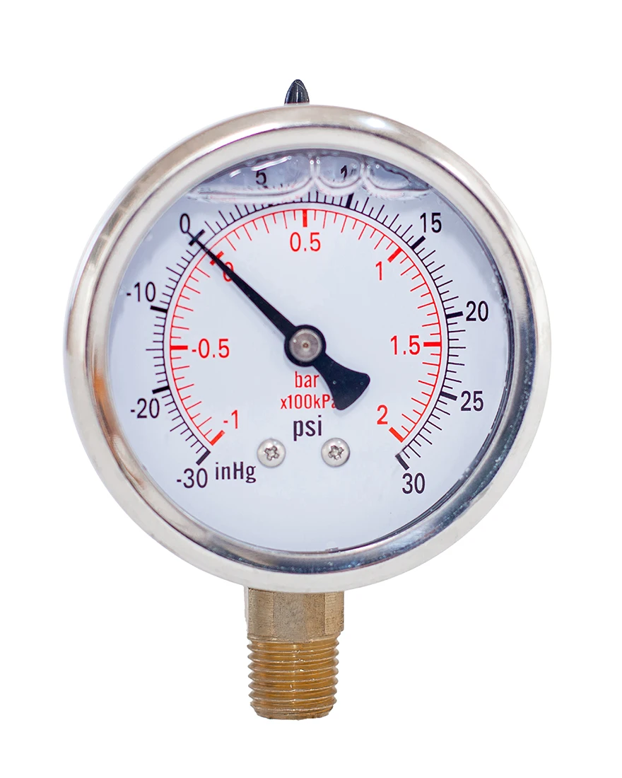 Glycerine Filled Compound Pressure Gauge 2 Inch Dia 1/4 NPT Lower Mount -30 InHg-30,15,30, 60,100,160, 200,300,600 Psi & Bar