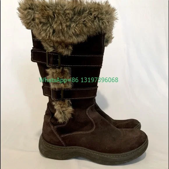 

Lady Brown Vintage Fur Knee Buckle Strap Boots Wedges Heel Buckle Strap Size 34-46 Calf Warm Boots New Arrive Suede Punk Boots