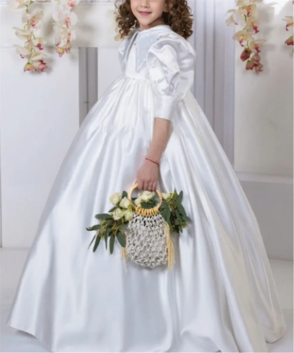 

Customized Flower Girl Dress For Wedding Half Sleeves Satin Puffy Floor Length Baby Kids Birthday Party First Communion Gown