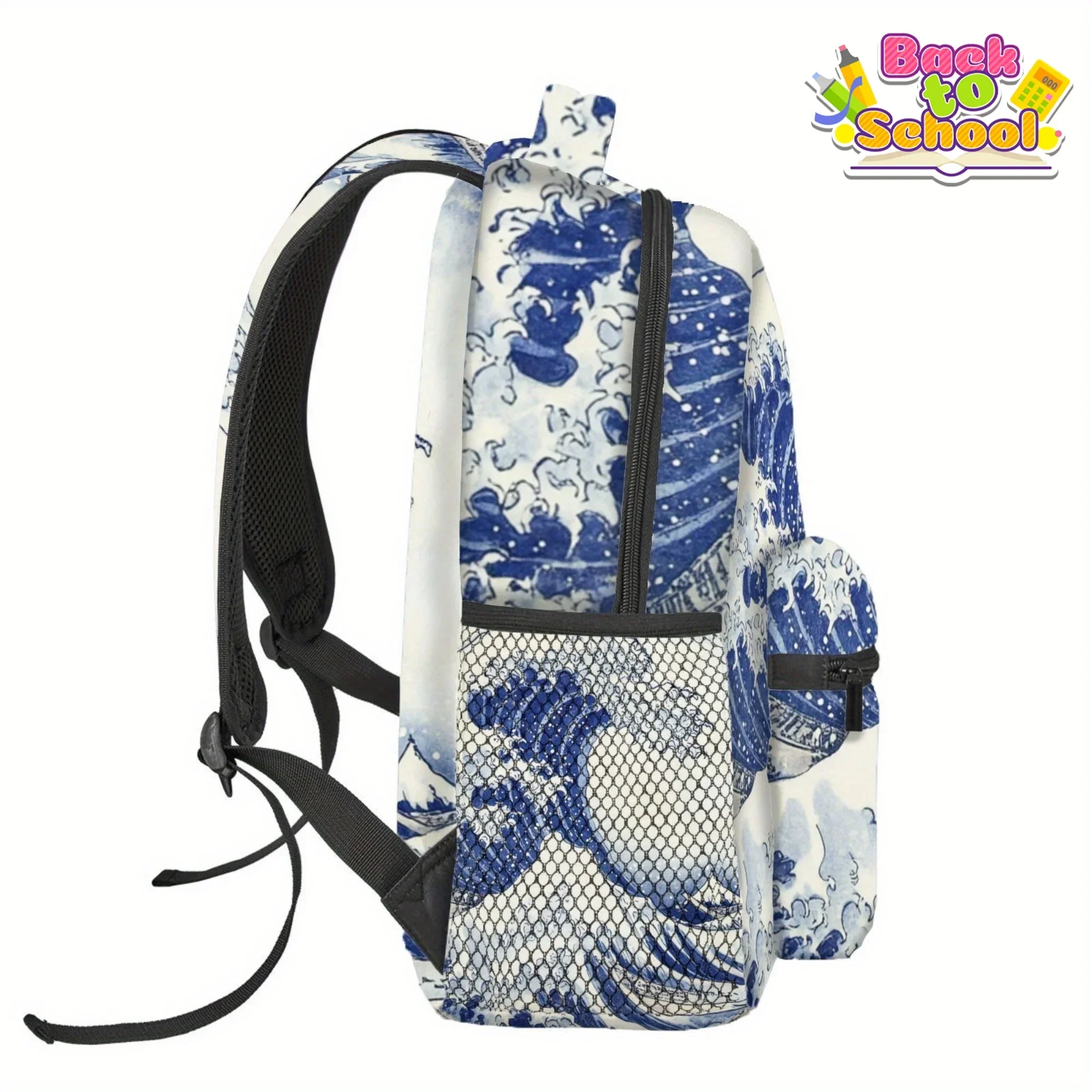 Custom Foldable Casual Backpack With Great Wave Off Kanagawa Print Adjustable Straps, Zipper Closure, White & Blue Japanese