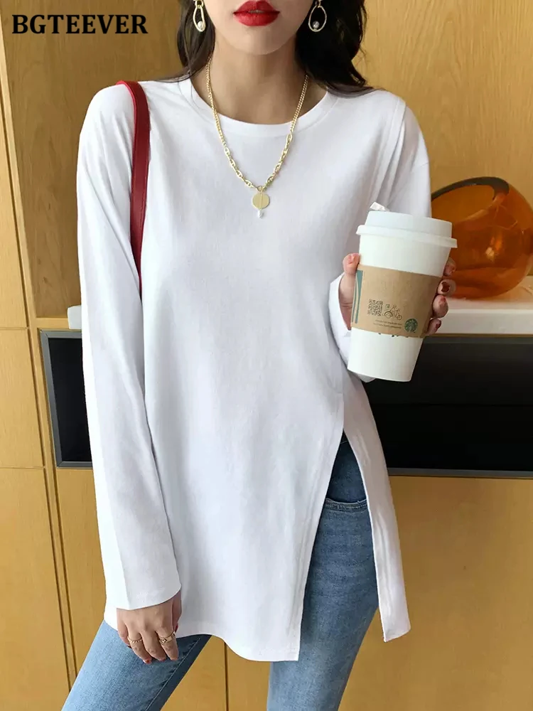 BGTEEVER Casual O-neck Loose Female T-shirts Spring Fashion Long Sleeve Side Split Women Cotton Tees Tops