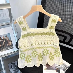 Summer Hollow Embroidery Knitted Camisole Women Sleeveless Irregular Tassel Tank Top
