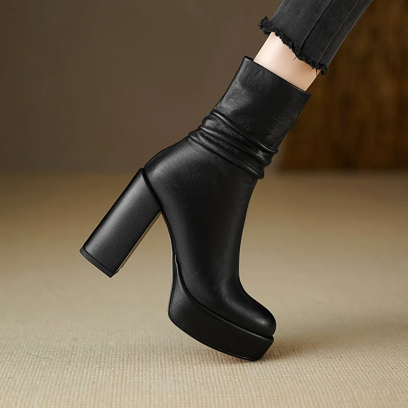 امرأة حذاء من الجلد جولة تو جلد طبيعي كتلة كعب مطوي بوتاس الجانب البريدي الخريف أحذية موضة الشتاء الدافئة بوتاس #6