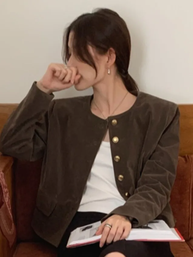 

Chic ort Suede Coat Retro round Ne Single Button Autumn Winter Faion Small Fraance Sle Top Women's Faion Outerwear